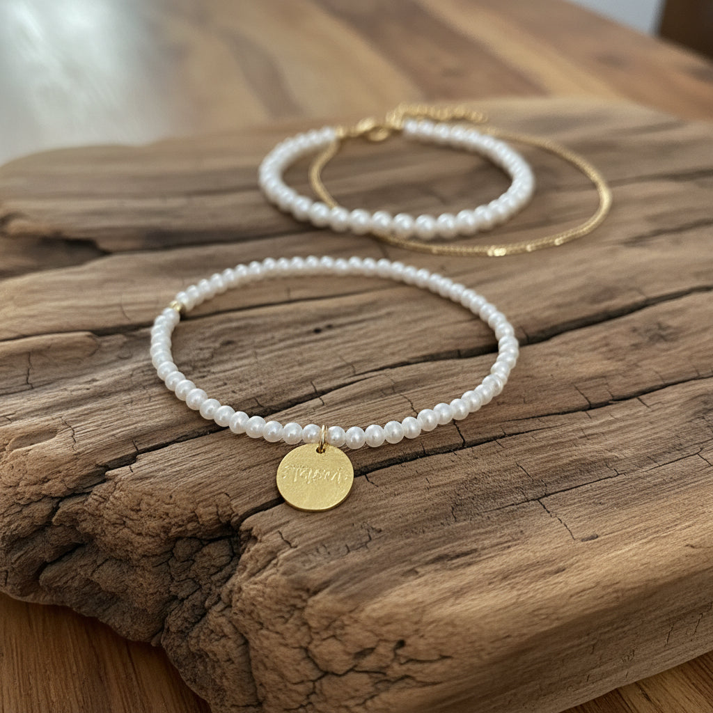 pearl bracelet on drift wood with the 2 barcelets in background